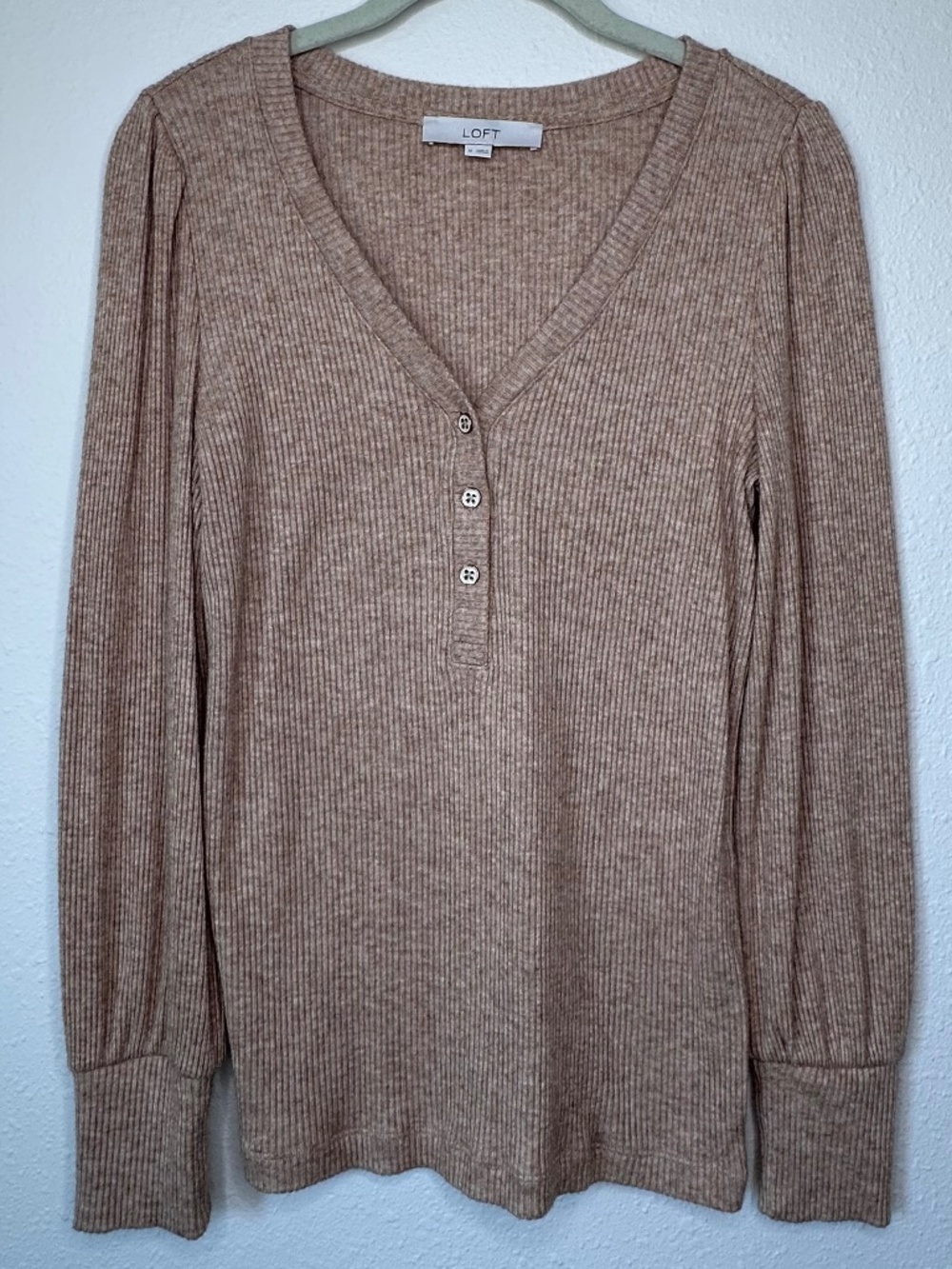 Ann Taylor LOFT Ribbed Henley Long Sleeve Top, Taupe Heather, Sz Medium